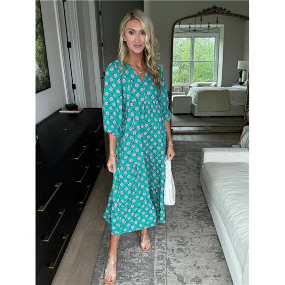 Womens Loose Fit Casual Summer V Neck Half Sleeve Bohemian Geometric - Picture 4 of 7